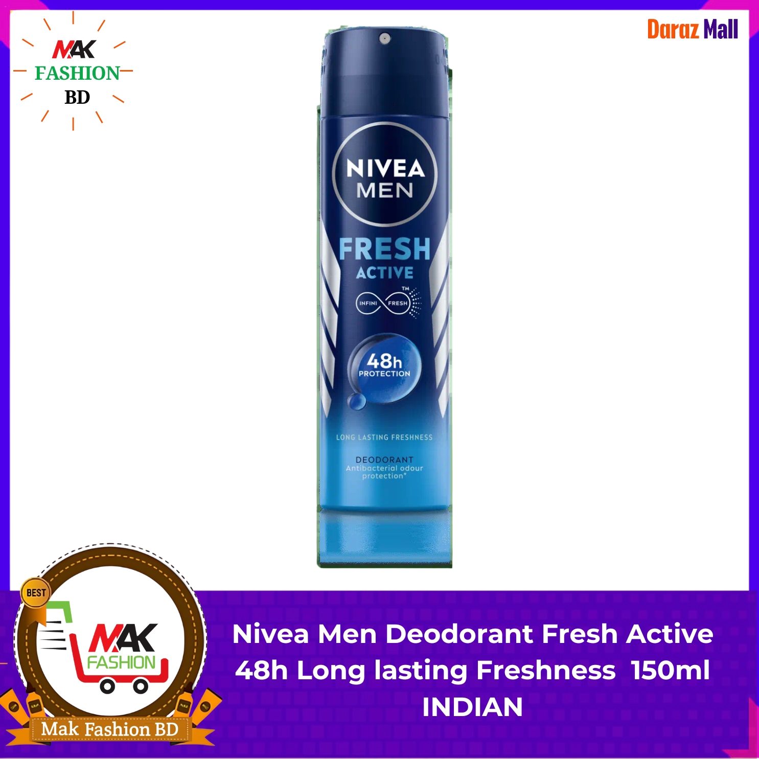 Nivea Men Deodorant Fresh Active 48h Long lasting Freshness - 150ml INDIAN 281484948