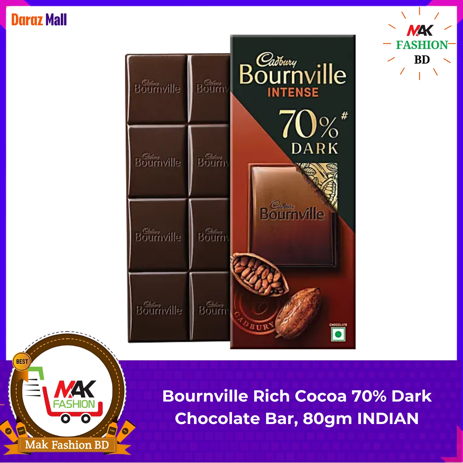 Cadbury Bournville 70% Dark Chocolate Bar 80gm INDIAN  289574078