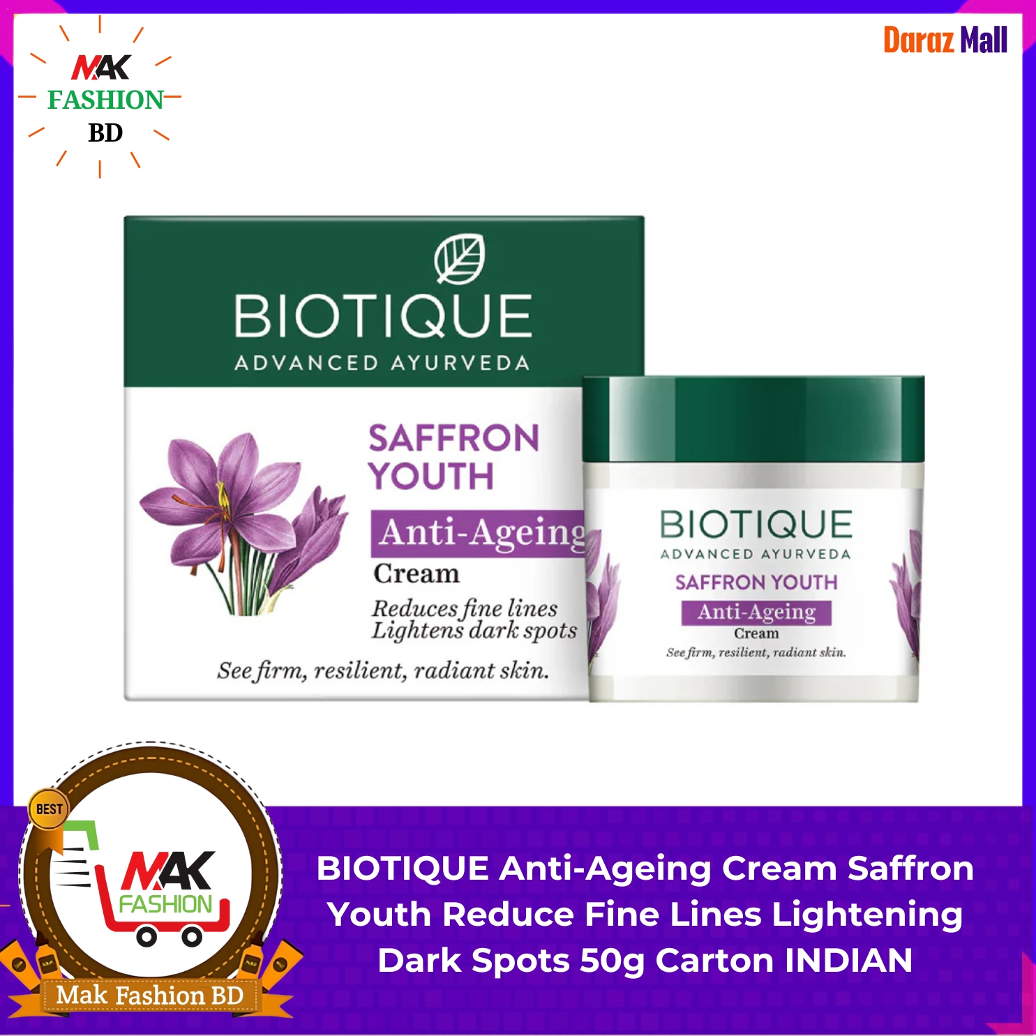 BIOTIQUE Anti-Ageing Cream - Saffron Youth, Reduce Fine Lines, Lightening Dark Spots, 50 g Carton INDIAN  309295107