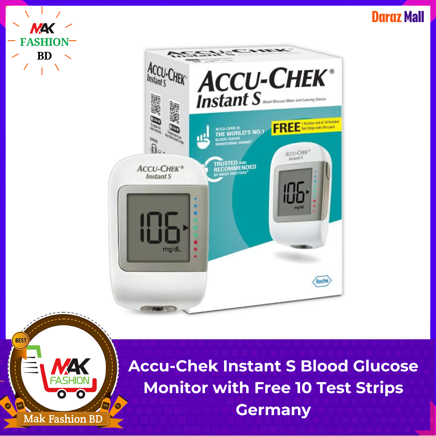Accu-Chek Instant S Blood Glucose Monitor with Free 10 Test Strips GERMANY  317788353