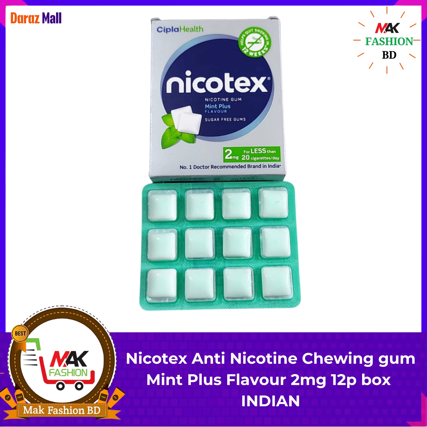 Nicotex Anti Nicotine Chewing gum Mint Plus Flavour 2mg 12p box INDIAN 318151514