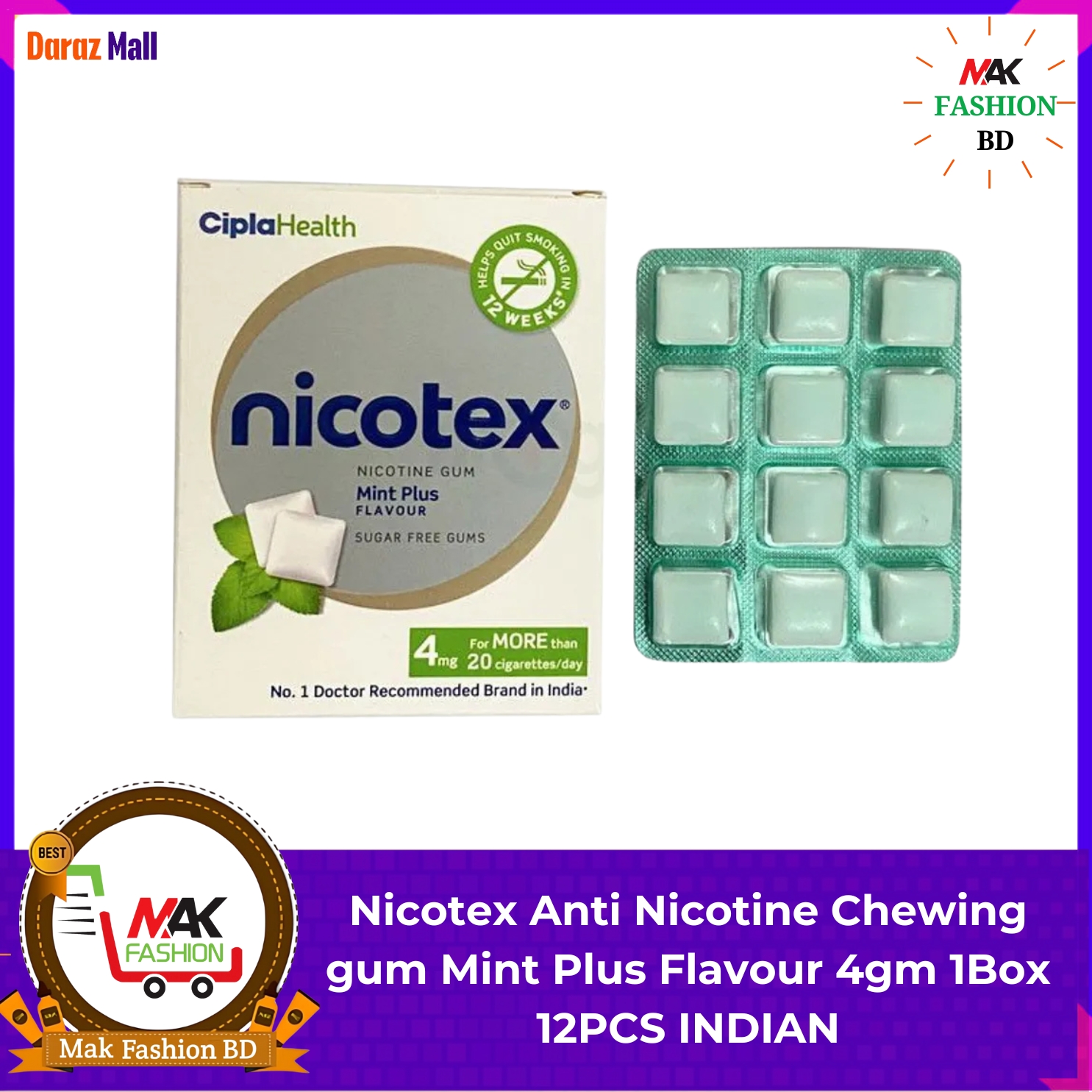Nicotex Anti Nicotine Chewing gum Mint Plus Flavour 4mg 1Box 12pcs INDIAN 318465133
