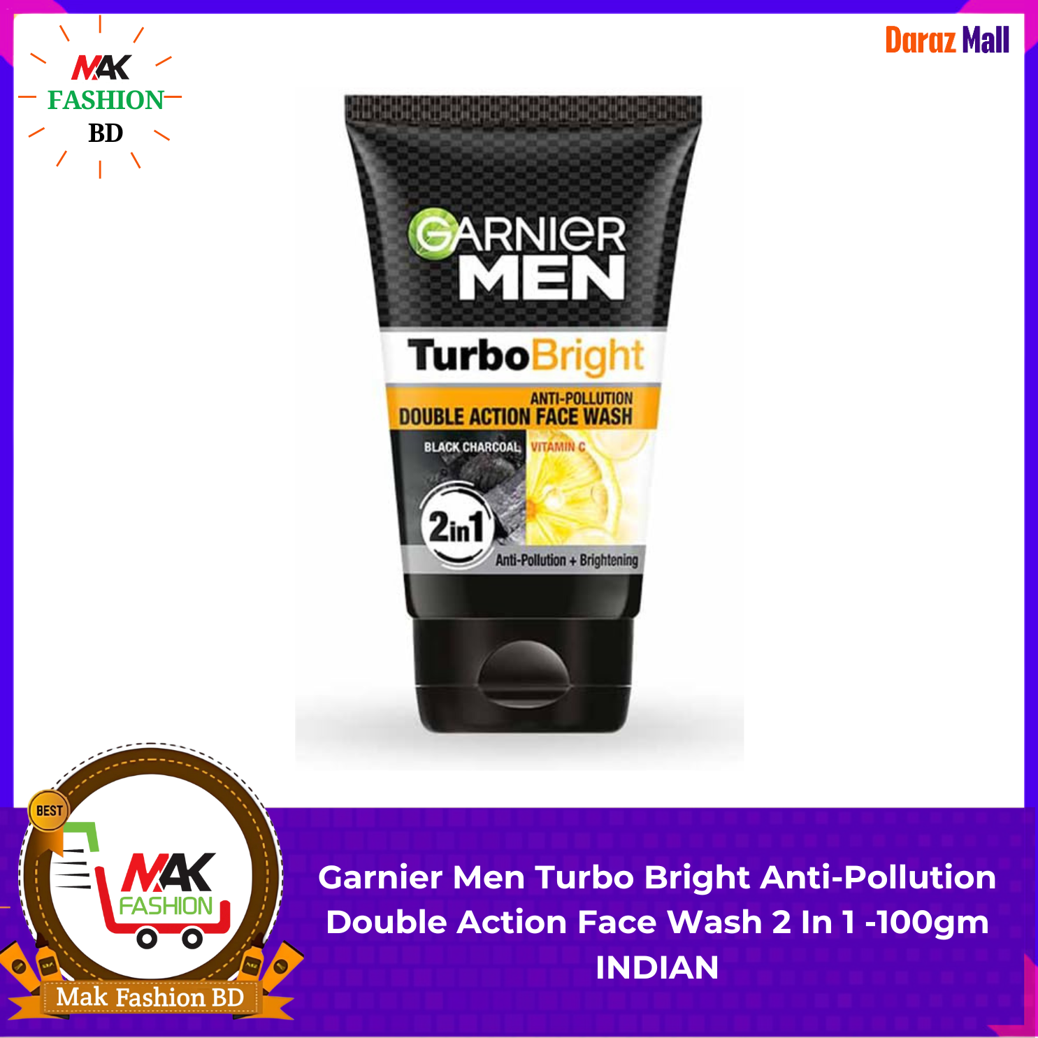 Garnier Men Turbo Bright Anti-Pollution 2 In 1 Double Action Face Wash 100gm INDIAN 322027849