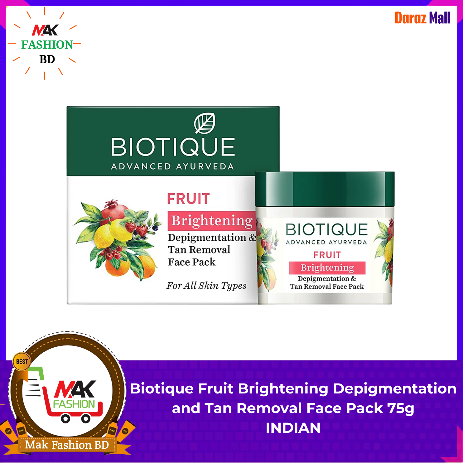 Biotique Fruit Brightening Depigmentation and Tan Removal Face Pack 75g INDIAN 324096518