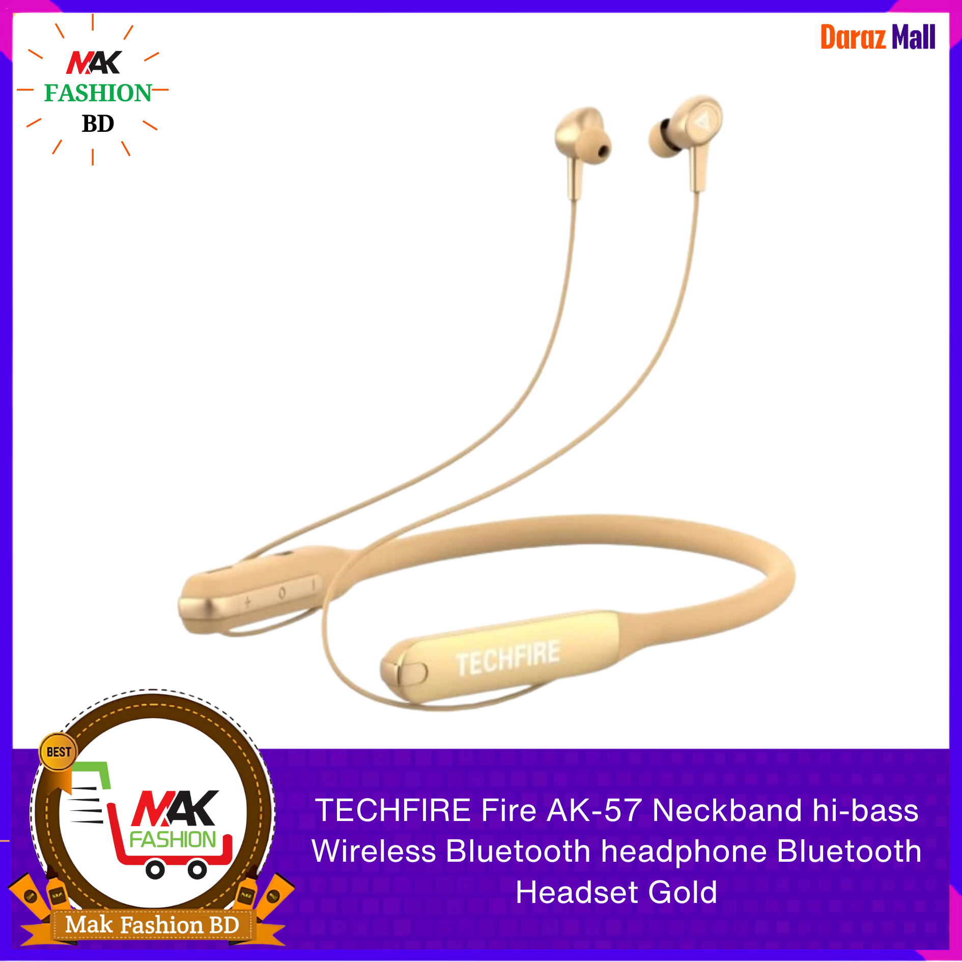 TECHFIRE Fire AK-57 Neckband hi-bass Wireless Bluetooth headphone Bluetooth Headset (Gold, In the Ear) -325477547