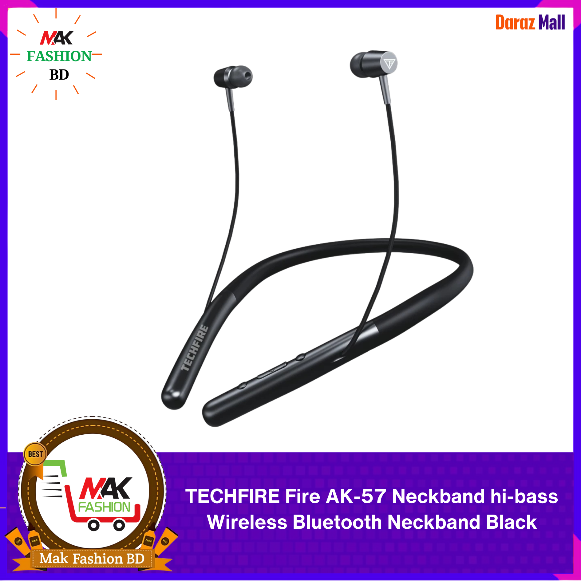 TECHFIRE Fire AK 57 Neckband hi bass Wireless Bluetooth Neckband Black In the Ear INDIAN 325476604