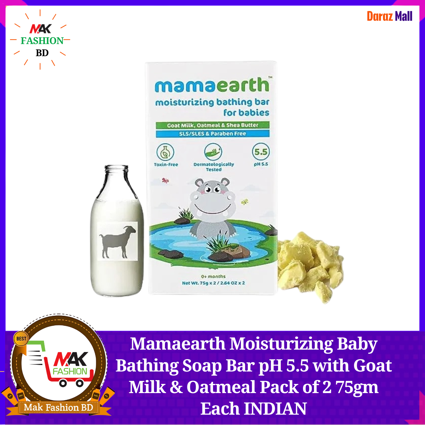 Mamaearth Moisturizing Bathing Bar For Babies with Goat Milk & Oatmeal & Shea Butter 2Pcs Soap Each 75gm INDIAN 505681369