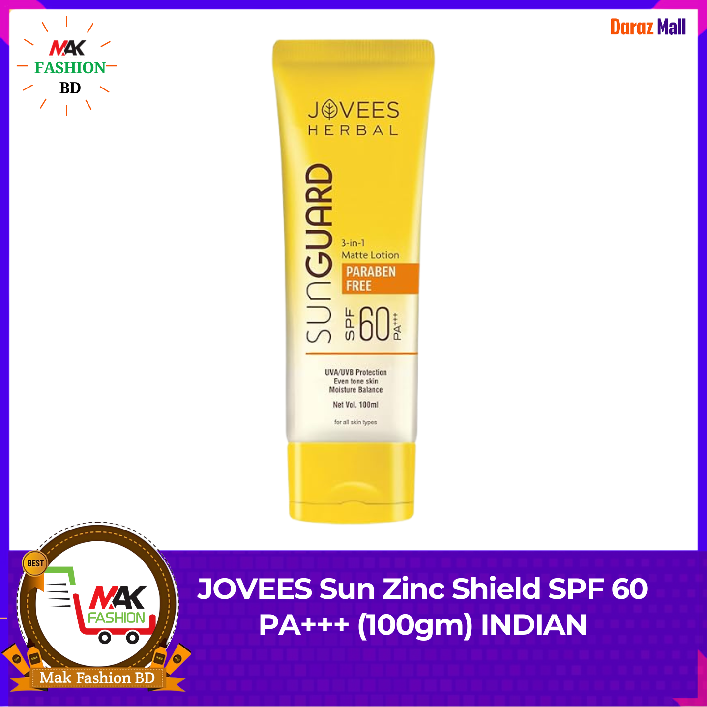JOVEES Sun Zinc Shield SPF 60 PA+++ (100gm) INDIAN 503984657