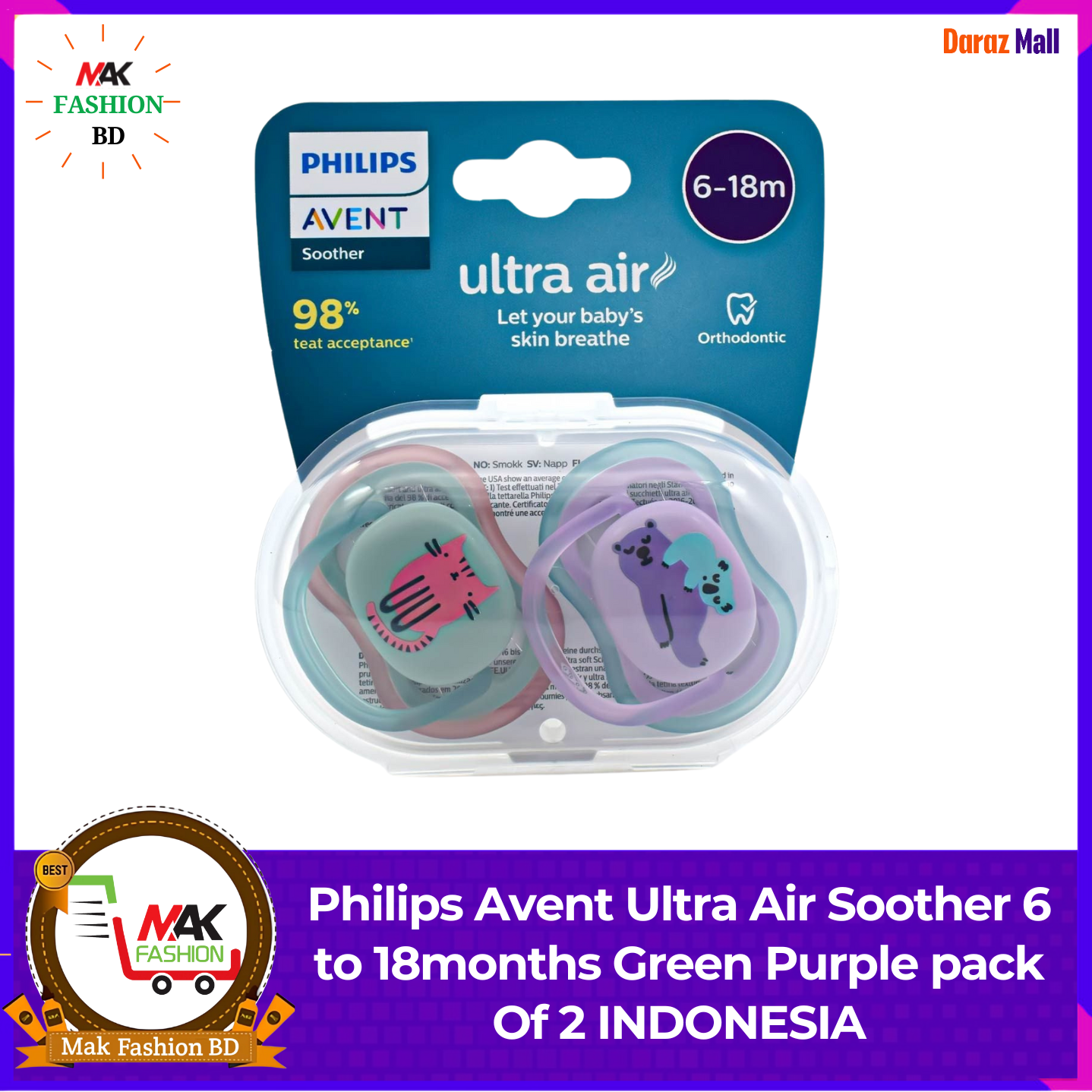 Philips Avent Ultra Air Soother 6 to 18months Green Purple pack Of 2 INDONESIA 377355438