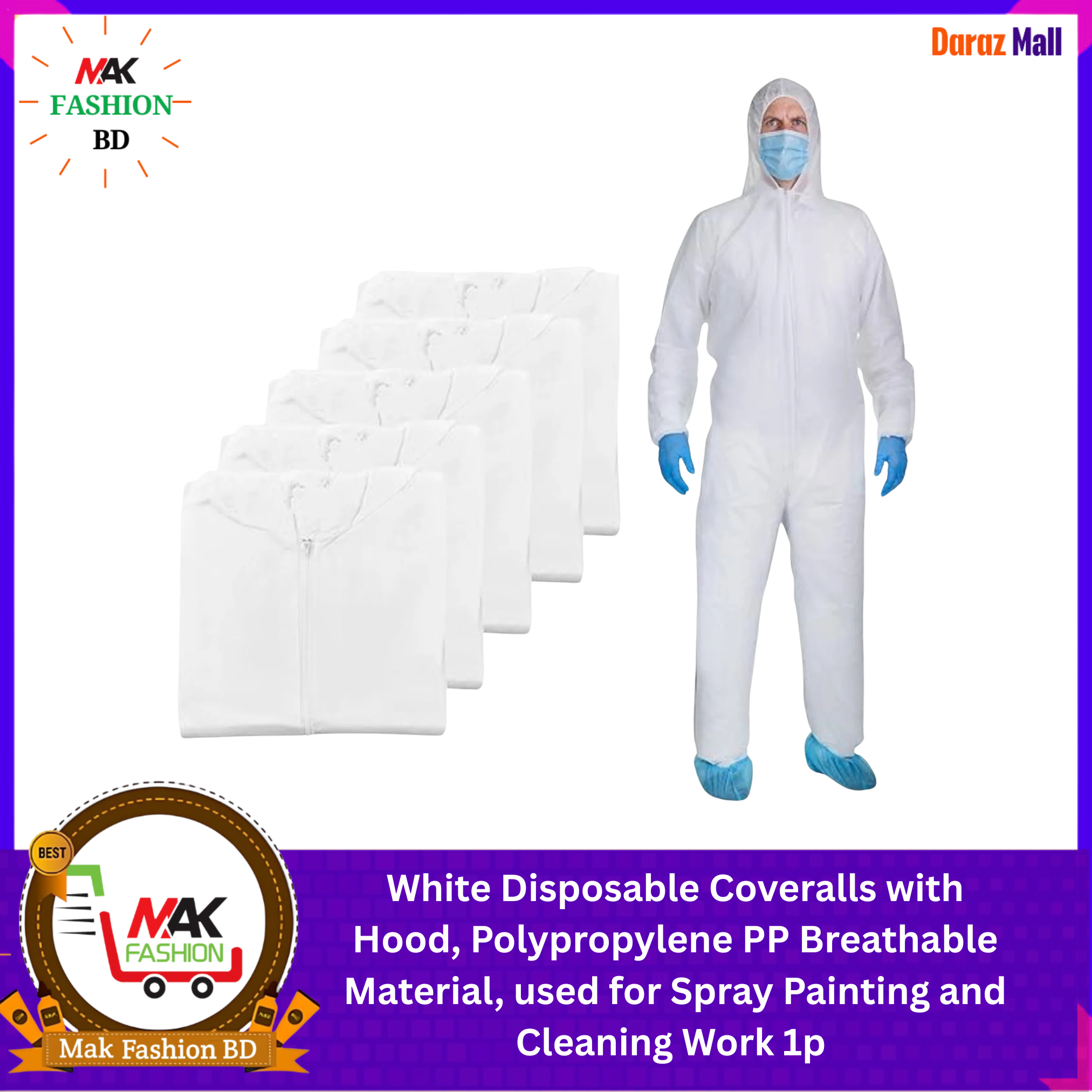 White Disposable Coveralls with Hood, Polypropylene PP Breathable Material, used for Spray Painting and Cleaning Work 1p  539891721